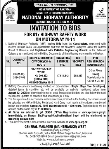 National Highway Authority Mianwali Tender Notice